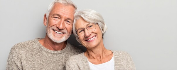 Portrait of smiling elderly couple in casual clothes on plain background with space to right