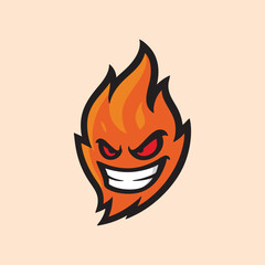Angry flame mascot with evil red eyes and sharp grin, perfect for gaming logo, sports emblem, or fire-themed character design.
