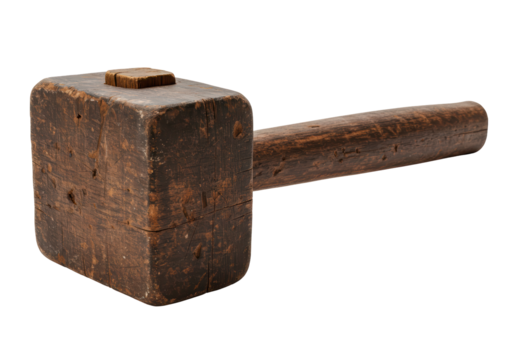 Isolated vintage wooden mallet tool with handle for hammering, carpentry, wood work