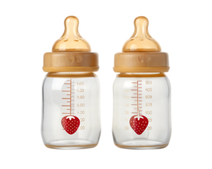 Two clear baby bottles with golden caps and strawberry decorations isolated on transparent background