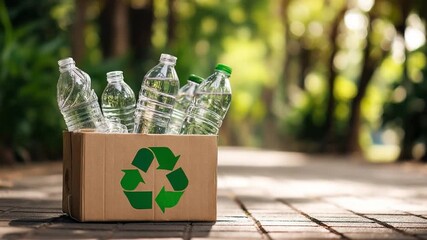 Recycling Bottles in Nature's Embrace: A vibrant scene of transparency: clear plastic bottles brimming from a cardboard box adorned with the recycling symbol.