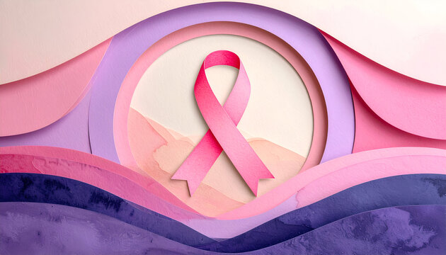 Pink ribbon symbol representing breast cancer awareness against a layered paper background.