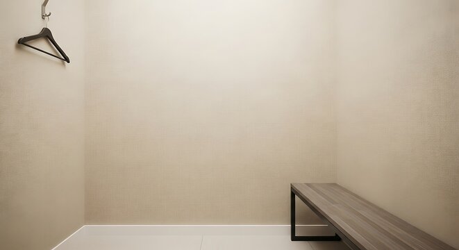 Empty changing room with a hanger and bench.