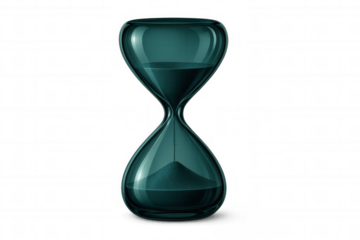 Transparent backdrop revealing dark green hourglass, sand cascading, symbolizing time passing and deadline pressure