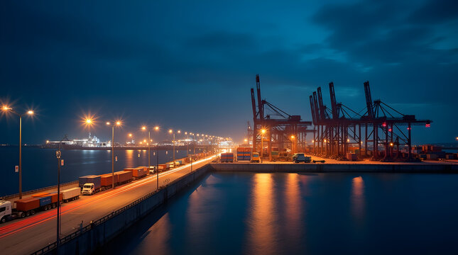 Trucks carrying cargo leaving busy port at night with cranes working