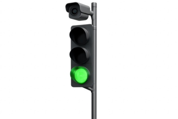 Traffic light showing green light with security camera on transparent background
