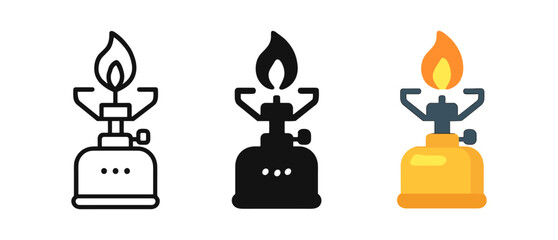 Camping gas stove icons: outline, solid, and colorful variations