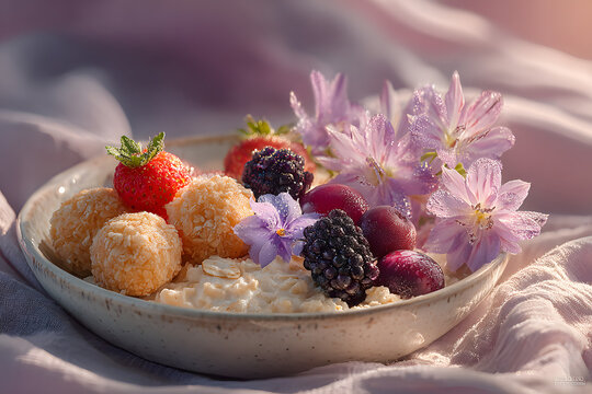 Tasty breakfast with oatmeal, corn balls and fruits n lilac background