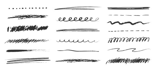 Crayon underline set, pencil wavy and straight chalk kid free hand brush texture. Scribble grunge border simple thin and thick lines. Doodle mark.