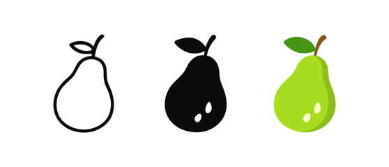 Trio of pear icons in minimalist style: outline, silhouette, and colorful