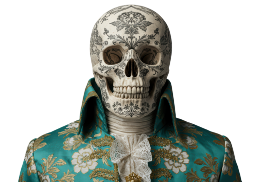 Isolated Day of the Dead skull figure wearing embroidered jacket, no background