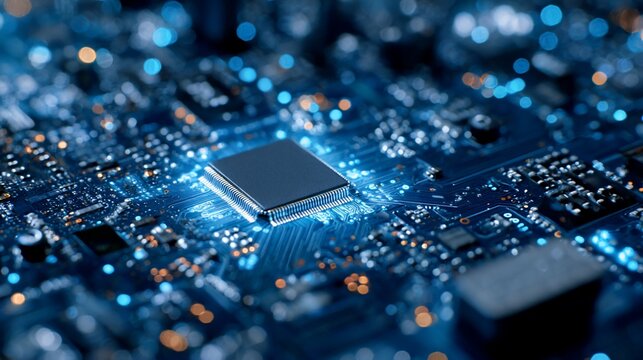 Close Up of Computer Motherboard with Microchip and Circuitry in Blue Lighting