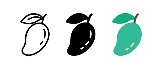 Mango icons in linear, solid, and flat styles on white background