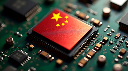 Chinese flag projected on a computer chip symbolizing technological advancement