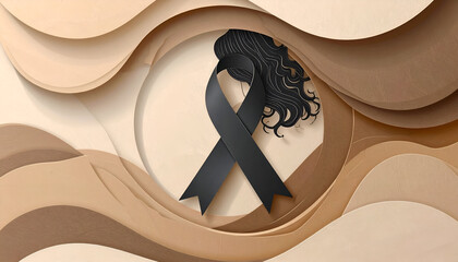 Obraz premium Black ribbon and silhouette of a woman on layered paper representing mourning.