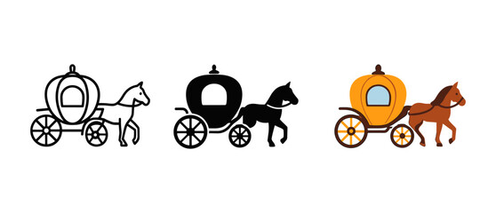 Vintage horse carriage set in linear, silhouette, and flat designs for elegant transport themes