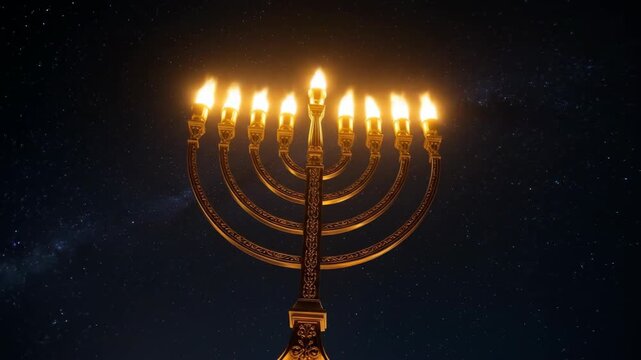 Shining hanukkah menorah with burning candles against a starry night sky, jewish holiday celebration scene footage.