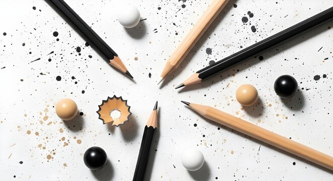 Top view of sharpened pencils and graphite shavings artfully arranged in a radial pattern on white surface