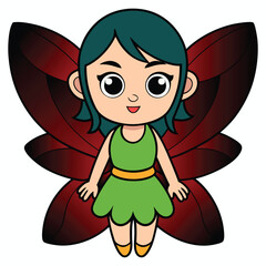 Cute cartoon fairy with large dark red butterfly wings and green dress smiling