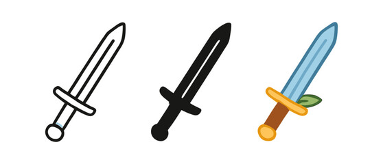 Diverse sword designs: outline, silhouette, and colored cartoon styles