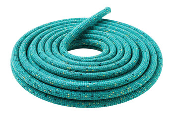 Isolated coil of turquoise climbing rope outdoors is strong and flexible equipment