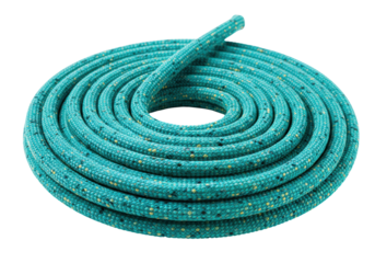 Isolated coil of turquoise climbing rope outdoors is strong and flexible equipment