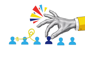 Human resources manager hand selecting a unique candidate from a line of identical people representing recruitment and talent acquisition isolated on transparent background