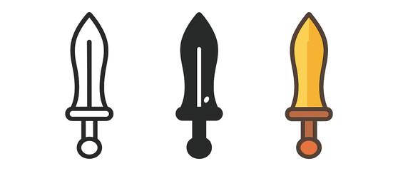Obraz premium Ancient sword icons in linear, silhouette, and colored styles for design projects