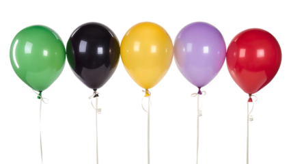 Five colorful balloons in a row on white strings isolated on transparent background