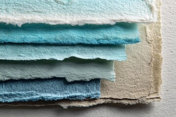A close-up view of layered handmade paper, showcasing a spectrum of shades of blue and beige, with uneven edges creating visual interest.