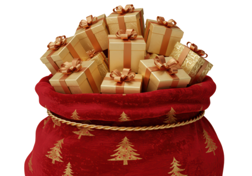 Isolated Red bag of presents for Christmas celebration with gold gift boxes and tree pattern