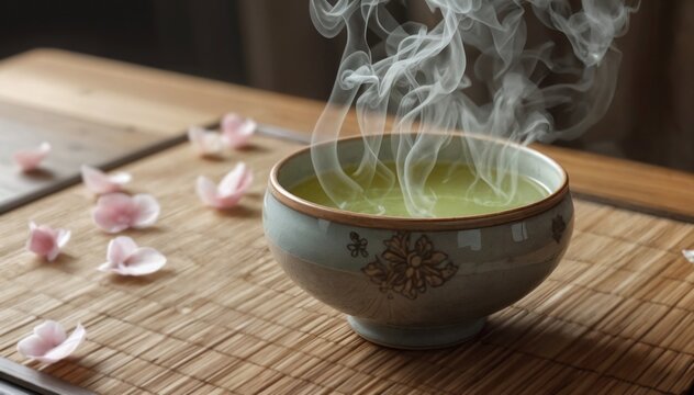 T&eacute; verde caliente de inspiraci&oacute;n zen en cuenco de cer&aacute;mica con vapor, esterilla de bamb&uacute; y flores de cerezo, 8K