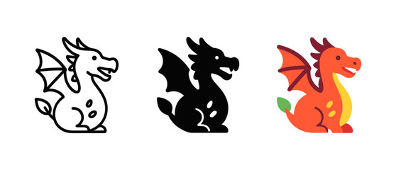 Cute dragon icons: line, silhouette, and colorful cartoon variations