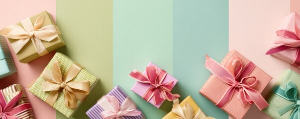 Flat lay of holiday gift boxes and ribbons on pastel background with area for text