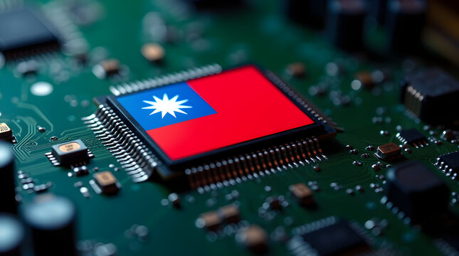 Taiwan flag displayed on computer microchip symbolizing technological manufacturing