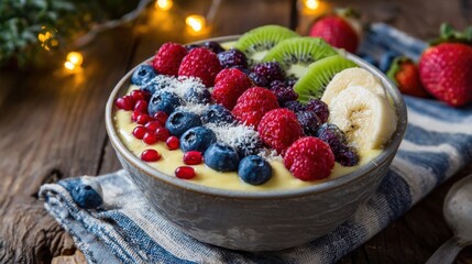 Close up of fresh fruit smoothie bowl on wooden table with cozy lighting and copy space