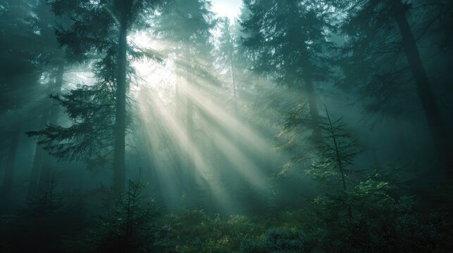 Abstract light rays through misty forest with atmospheric mood and overlay space
