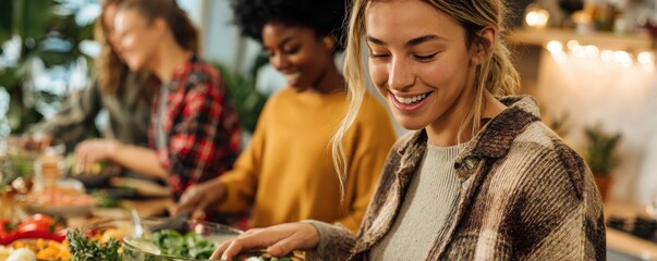 A candid photo of diverse friends cooking a healthy meal together in bright kitchen with space for overlay