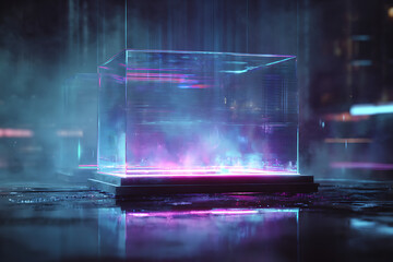 Experience the future with this stunning holographic display, projecting vibrant neon data streams and immersive digital realities in a dark, atmospheric cityscape.