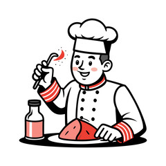 Professional chef seasoning juicy steak with salt sprinkle vector illustration | Culinary cooking art, gourmet meat preparation, kitchen food design