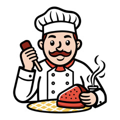 Professional chef seasoning juicy steak with salt sprinkle vector illustration | Culinary cooking art, gourmet meat preparation, kitchen food design