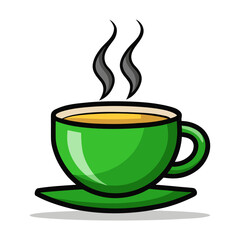 Elegant green tea cup with hot steam rising vector illustration, minimalist beverage artwork for relaxation, wellness, café, and tea branding