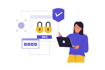 Multi-Factor Authentication Illustration. A Woman Using a Secure Login Process with Two Layers of Security to Protect Her Data and Account Access. Vector Flat Illustration
