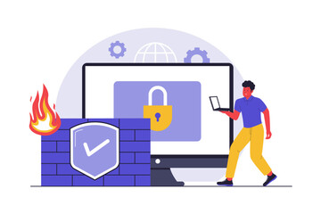 Firewall and Network Security Illustration. A Professional Safeguarding Computer Systems from Cyber Attacks, Highlighting Essential Digital Protection and Data Defense. Vector Flat Illustration