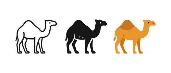 Obraz premium Set of three camel silhouettes in different styles: outline, solid, and colorful
