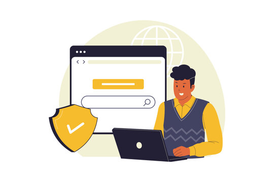 Secure Browsing and Online Safety Illustration. A Man Using a Secure Browser on His Laptop to Protect His Personal Data and Ensure Safe Internet Usage. Vector Flat Illustration