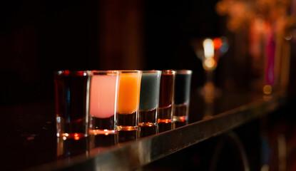 Assorted tinctures poured into shot glasses, served with herbs and spices. Concept of traditional drinks, natural remedies, and tasting.