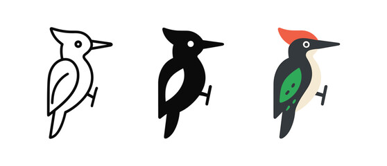 Fototapeta premium Woodpecker outline, silhouette, and colorful variations for design projects