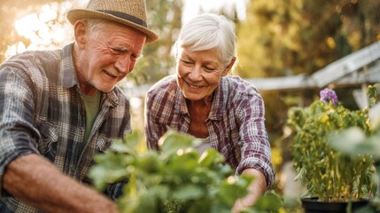 Portrait of senior couple gardening together outdoors with gentle sunlight and area for caption