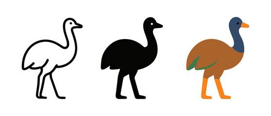 Simple emu designs in outline, silhouette, and color styles